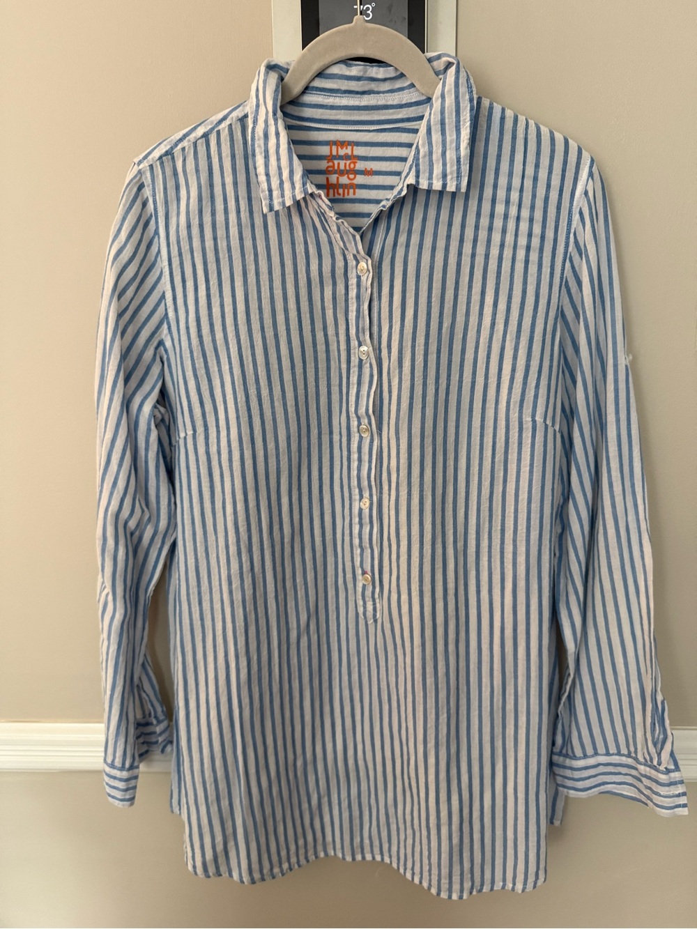 J. McLaughlin Blue and White Vertical Stripe Button-Front Shirt - Sz Medium